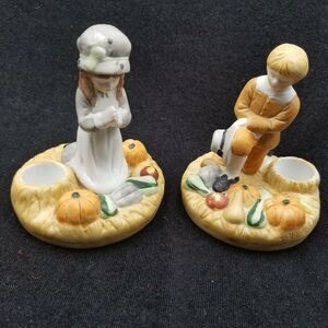 Vintage 80s Brinn Pilgrim Thanksgiving Praying Candlesticks Table Decor